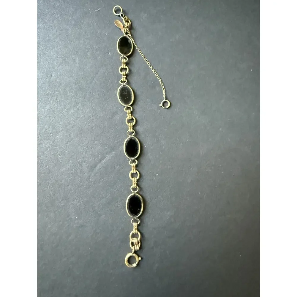 Vintage Sign 12k Gold Filled Russel Oval Black Onyx Stone Chain Link Bracelet 7”